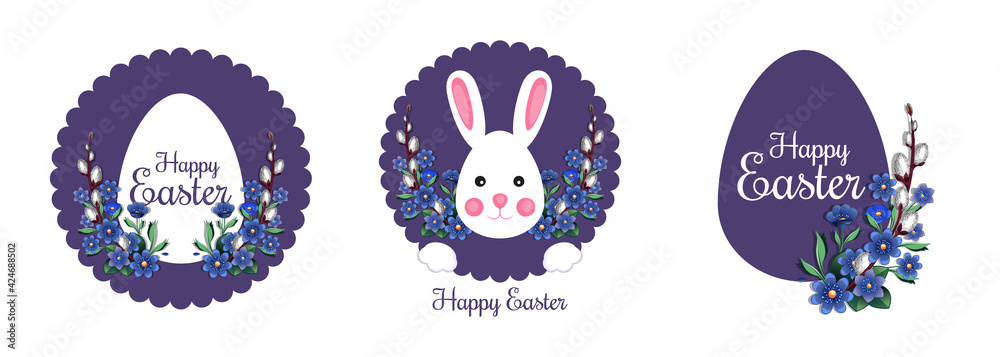 Festive Easter banner set with traditional easter greeting. Happy Easter. Spring flowers and Easter egg on a round purple background. Vector illustration