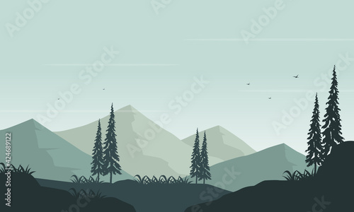 Beautiful Mountain views at sunrise with fabulous greenery around it. Vector illustration