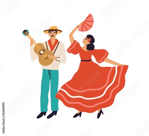 Spanish couple of man playing guitar and woman dancing flamenco in red dress. Hispanic guitarist and passionate female dancer. Colored flat graphic vector illustration isolated on white background