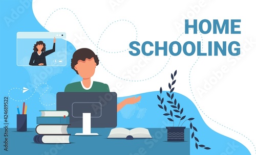Home schooling study boy vector illustration. Teenager boy doing his homework at desk indoors. Home education kid banner. Study at home computer online video call child. Quarantine internet learning.