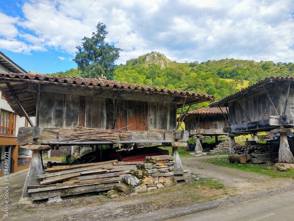 Horreos, a typical hut in Asturias. Espinaredo village, Asturias, Spain