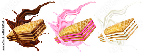 Wafers Chocolate, Strawberry, Milky cream in the middle on white background. Realistic vector in 3D illustration.