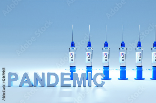 row of covid 19 sarsCov syringes with vaccine against pandemic; conceptual pandemic; 3D Illustration photo