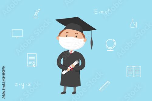 Graduate student in mask and mortarboard hold diploma. Cartoon. Vector illustration.
