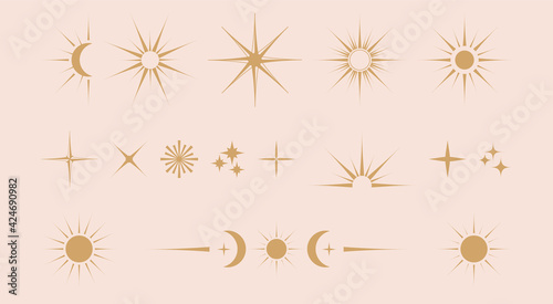 Vector set of linear icons and symbols - stars, moon, sun -  abstract design elements for decoration or logo design templates in modern minimalist style
