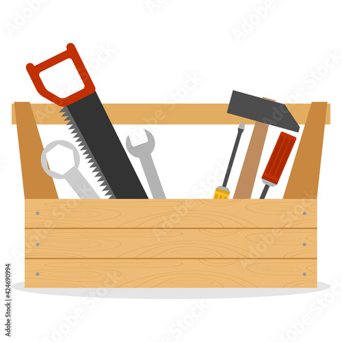 Toolbox. Wooden box with hammer, screwdriver, hacksaw and wrench. Vector illustration.