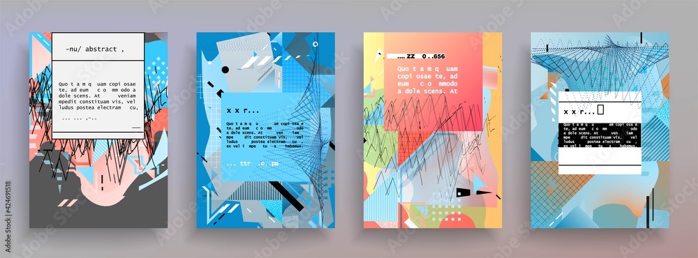 Naklejka premium Covers templates set with graphic geometric elements. Applicable for brochures, posters, covers and banners. Vector illustrations.
