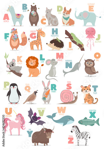 Fototapeta Naklejka Na Ścianę i Meble -  English alphabet with cute cartoon animals for kids education. Letter with a funny animal.
