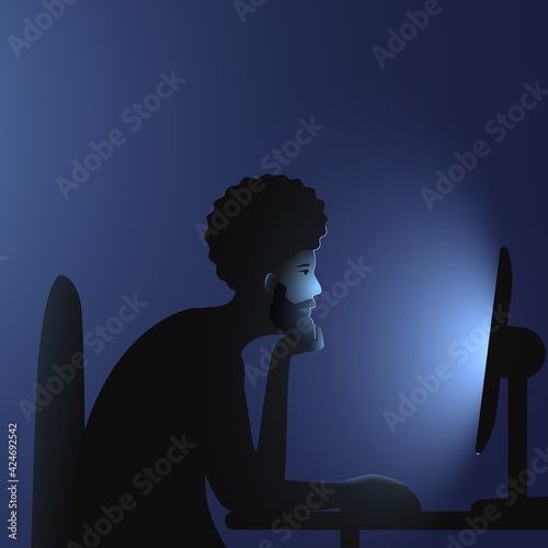 Internet addiction. A black man with an afro hairstyle and beard sits at a computer late at night. Vector illustration of people immersion to networks and spending time on the internet.