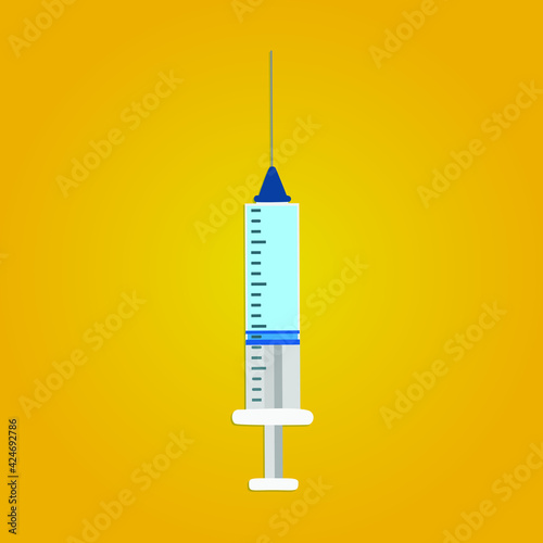Medical syringe with injection or vaccine. Isolated on yellow background