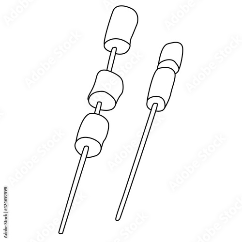 Marshmallow on wooden skewers. Hand drawn vector illustration of in doodle style on white background. Isolated black outline.