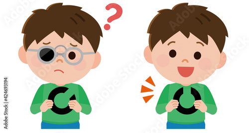 遮眼メガネを使って視力検査をする男の子　イラスト
