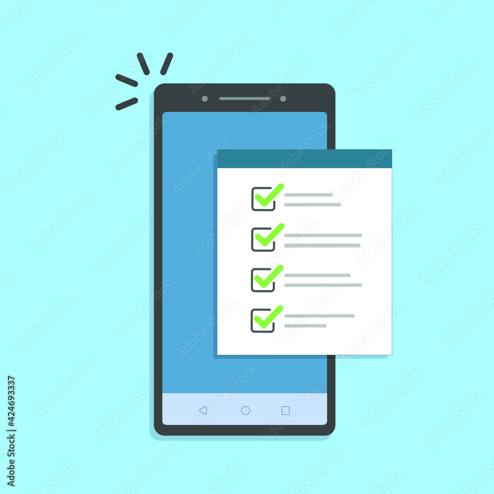 Mobile phone and checklist, flat vector cartoon smartphone with paper document and to do list checkboxes, concept of survey Mobile phone and checklist, flat vector cartoon smartphone with paper document and to do list checkboxes, concept of survey