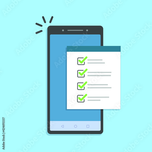 Mobile phone and checklist, flat vector cartoon smartphone with paper document and to do list checkboxes, concept of survey