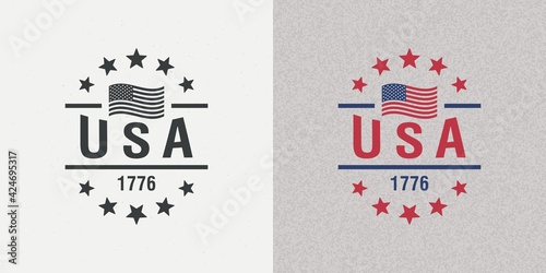 Set of color illustrations of flag, stars and text on a background with a grunge texture. Vector illustration in vintage style for poster, print, emblem, badge. Symbols of the USA.
