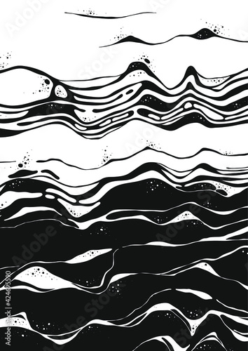 Abstract Vector Backgroung Jupiter Surface. Hand Drawn Marbel Pattern. Fashion Illustration Black and White Liquid Paint Ink © pomolchim