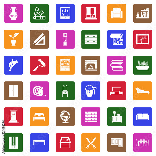 Home Decoration Icons. White Flat Design In Square. Vector Illustration.