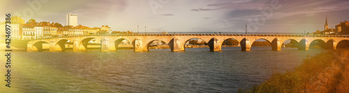 Panoramic view of old bridge over Saona and loire river in Macon, France photo