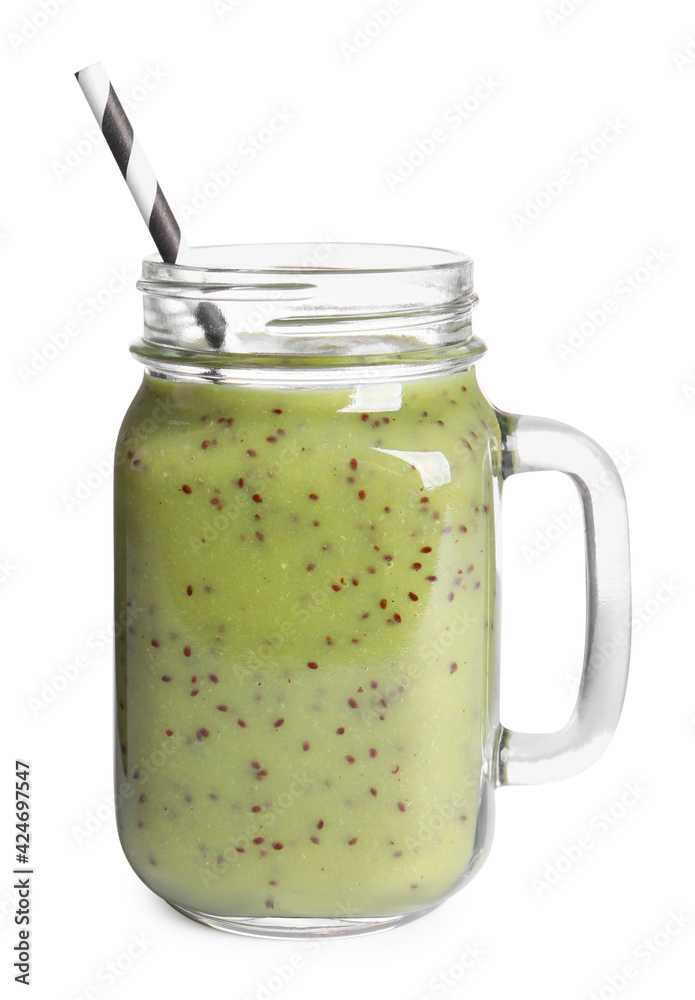 Delicious kiwi smoothie in mason jar isolated on white Delicious kiwi smoothie in mason jar isolated on white