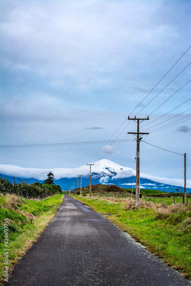 Straight road leading through green fields towards distant snowcapped mountains. Taranaki, New Zealand
