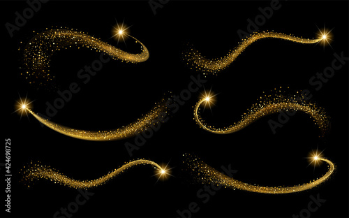 Set golden shimmering waves with light effect isolated on black background. Gold glittering star dust trail. Magic motion swirl lines.