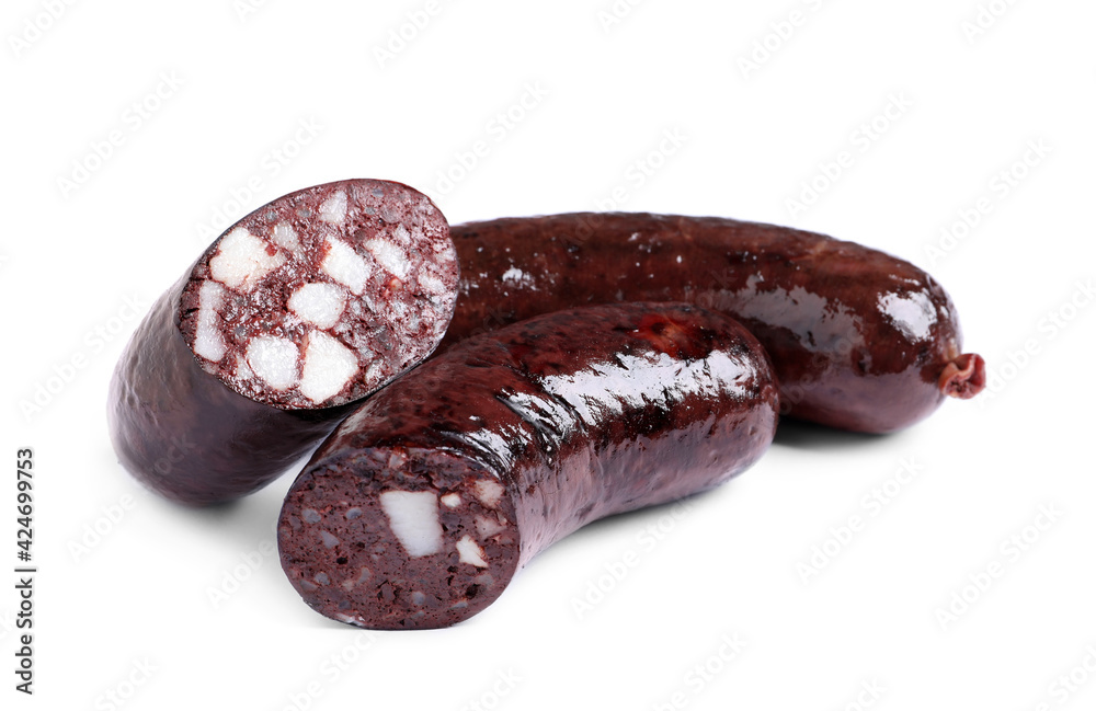 Cut and whole tasty blood sausages on white background Cut and whole tasty blood sausages on white background