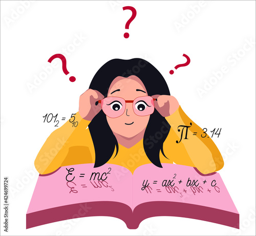 A girl student with glasses in a yellow sweater sits over a book, studies formulas. Flat illustration for online schools of mathematics and algebra in vector.