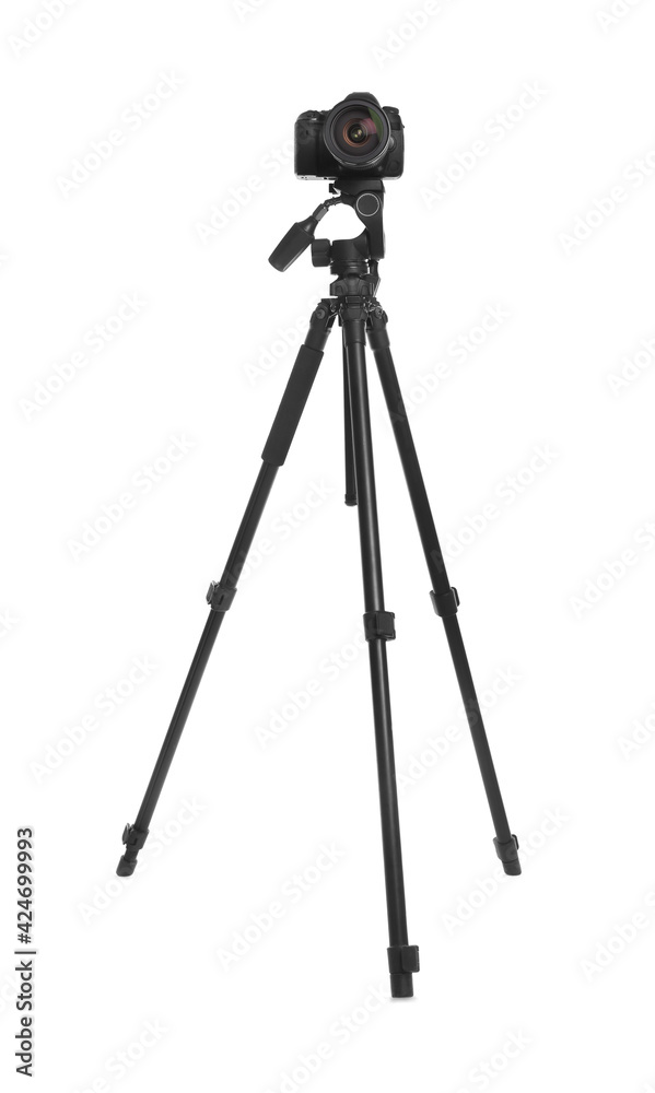Modern tripod with professional camera isolated on white