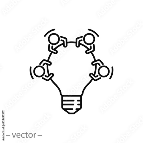team brainstorm icon, share business idea, community  innovation development, group people, creative knowledge, meeting table lightbulb, thin line symbol - editable stroke vector eps10