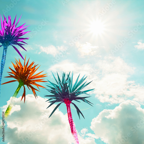 Abstract bright multicolored palms on a background of blue sky with clouds. © Chetgal 