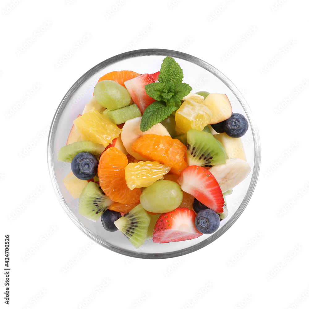 Delicious fresh fruit salad in bowl on white background, top view Delicious fresh fruit salad in bowl on white background, top view