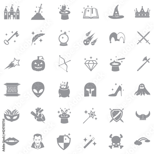 Fantasy Icons. Gray Flat Design. Vector Illustration.