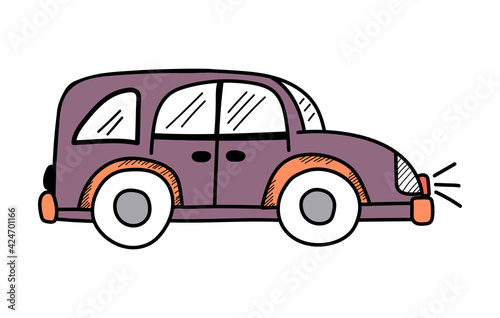 Vector cute purple car in doodle style on a white background  children s illustration. Children s car for postcards  banners  posters  gifts  pajamas