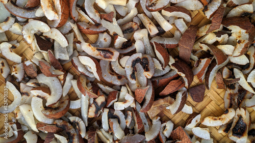 chopped dried coconuts displayed at home