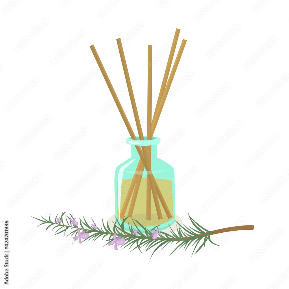 vector illustration of a fragrance with wooden sticks with rosemary sprigs in the background. The concept of aromatherapy and healthy lifestyle vector illustration of a fragrance with wooden sticks with rosemary sprigs in the background. The concept of aromatherapy and healthy lifestyle