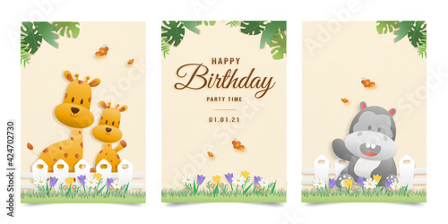 Set banner Invitation birthday greeting card with a cute animal. jungle animals celebrate children's birthday and template invitation papercraft style vector illustration.	