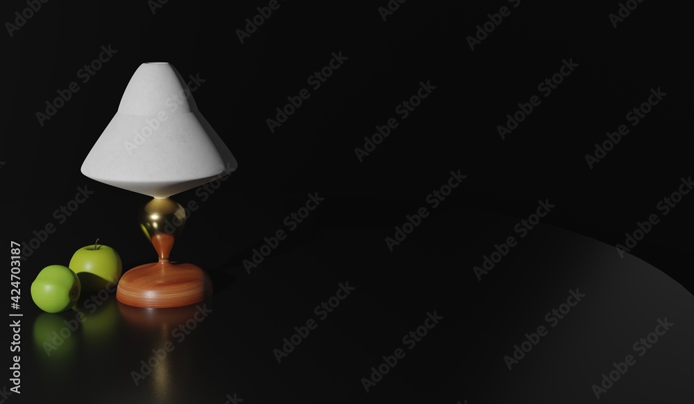 3d render. concept of education. table lamp and green apple on the table black dark background