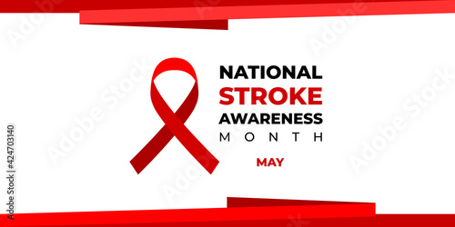 National stroke awareness month. Vector web banner for social media, poster, card, flyer. Text National stroke awareness month, May and red ribbon on white background.