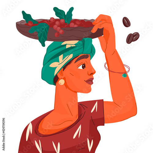 Coffee Farmer female character of  woman with basket. Woman carrying harvest of coffee beans, flat vector illustration isolated on white background.