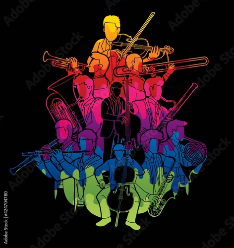 Group of Musician Orchestra Instrument Cartoon Graphic Vector