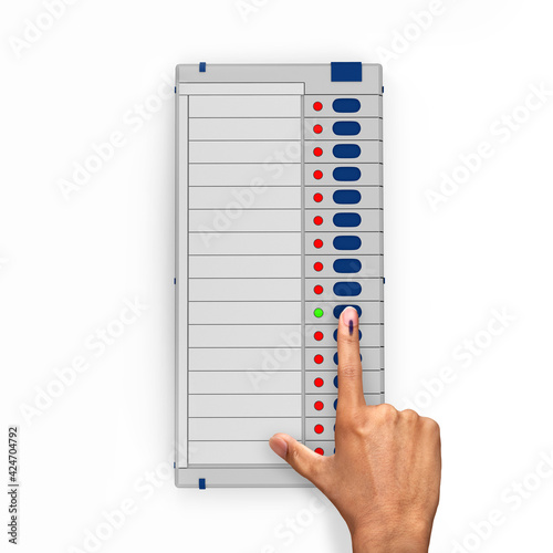 Electronic Voting Machine, EVM with male hand voting sign pressing button casting vote Indian election 3D illustration © GEMINI