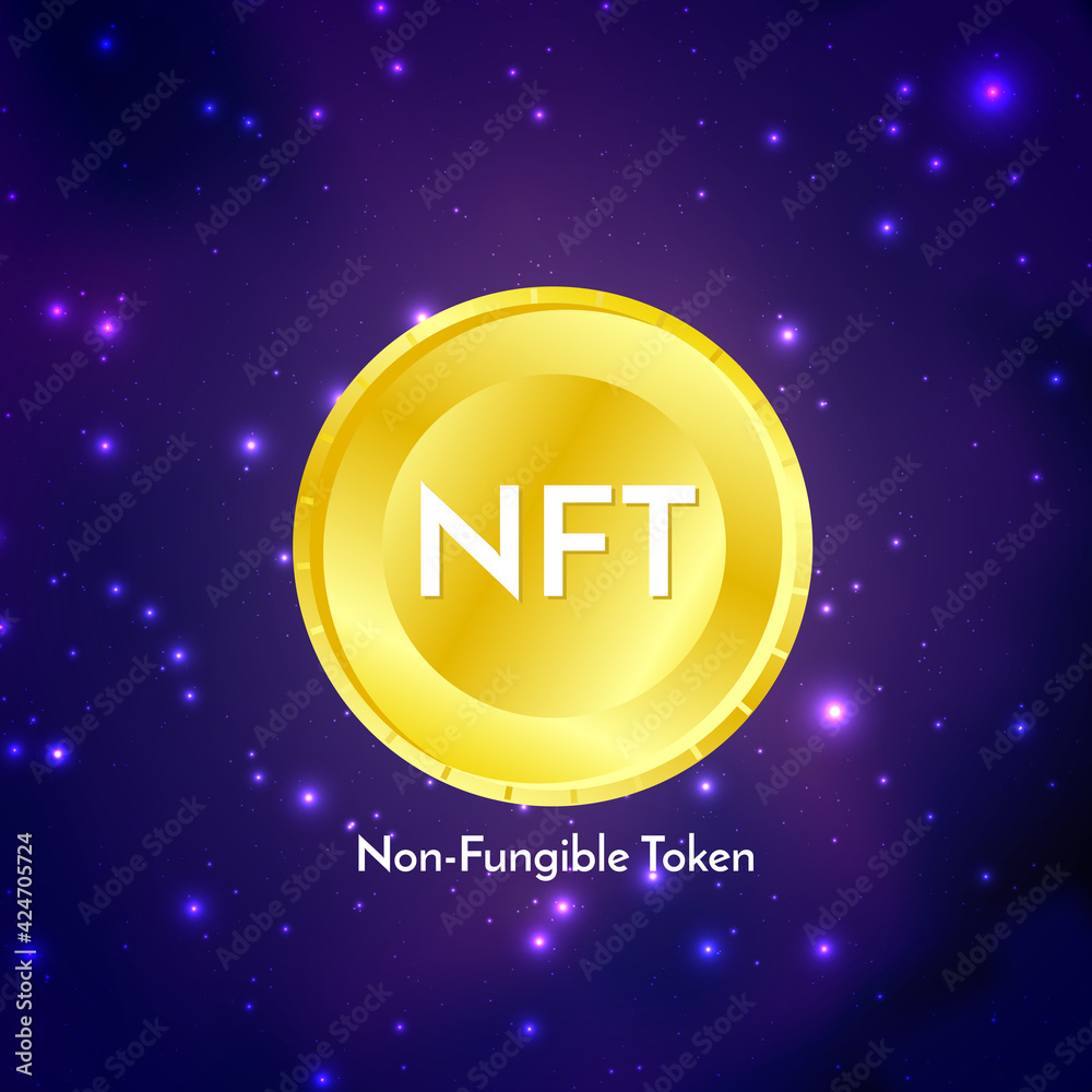 Golden coin with nft non fungible token text on futuristic neon purple background, cryptocurrency banner. Stock vector illustration.