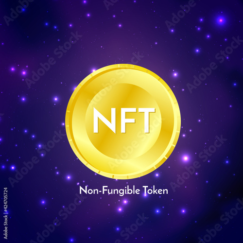 Golden coin with nft non fungible token text on futuristic neon purple background, cryptocurrency banner. Stock vector illustration.