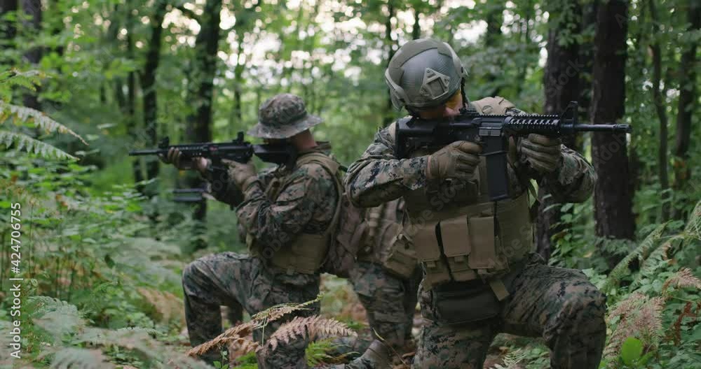 Group of soldiers moving through smokey forest with rifle ready to shoot, running through forest during military action Group of soldiers moving through smokey forest with rifle ready to shoot, running through forest during military action