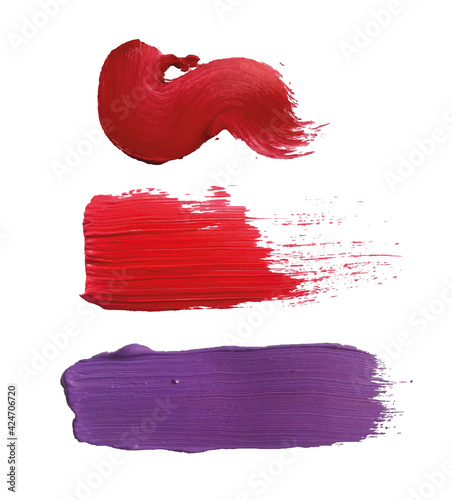 Colored strokes of acrylic paint. A thick coat of paint with traces of brush bristles. A trace of cosmetic lipstick. Vector image, design element, text background.
