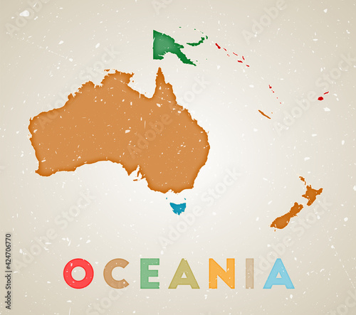 Oceania map. Continent poster with colored regions. Old grunge texture. Vector illustration of Oceania with the continent name.