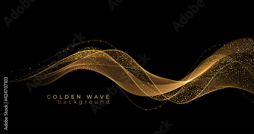 Abstract Gold Waves. Shiny golden moving lines design element with glitter effect on dark background for greeting card and disqount voucher.