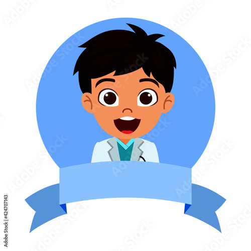 Happy cute smart kid boy character wearing doctor outfit in a avatar circle with cheerful expression emergency team