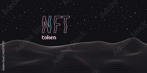 NFT non-fungible token. Vector futuristic cryptography wallpaper. Retro wave, synthwave, rave, vapor, cyber punk. Blue, black, pink purple color. Trendy vintage 80s, 90s style. Print, poster, banner