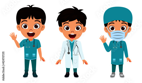 Happy cute smart kid boys character wearing doctor nurse outfit with cheerful expression emergency team